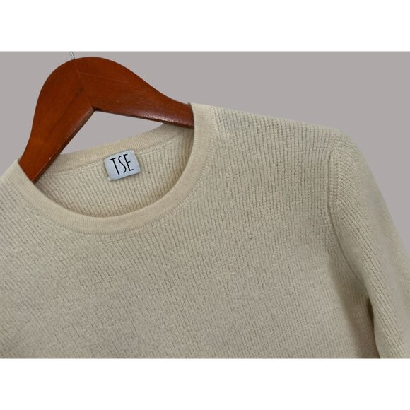 TSE Womens Off-White Cashmere Crewneck Sweater Ribbed Knit - Picture 5 of 7